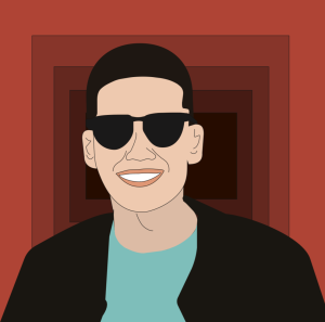 Graphic profile image provided by the student author depicting a smiling male with short black hair, black sunglasses, a light blue shirt and black jacket with a red background.