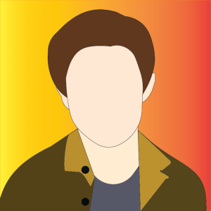 Graphic profile image provided by the student author depicting a faceless male with short, brown hair, grey shirt and brown jacket. The background is a horizontal gradient going from yellow to red.