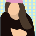 Graphic profile image provided by the student author depicting a young woman, faceless, with a pink head wrap, long, brown hair and a black long-sleeved shirt. The background is light blue with yellow polka dots.
