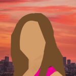 Graphic profile image provided by the student author depicting a tan, faceless woman with long, brown hair, and a hot pink tank top. The background is of a downtown skyline during a colorful sunset.