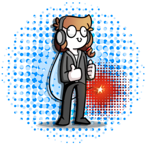 Graphic profile provided by the student author depicting a cartoon image of a person with long, brown hair, wearing headphones with the cord dangling behind her looking like a set fuse. She's wearing all grey and the background has diffuse circles of blue and grey-blue.