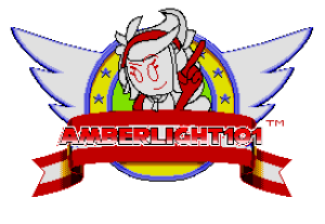 A graphic of a Sonic the Hedgehog-inspired pixel fanart piece depicting Jacquie Kuru's vtuber, Amber. Logo resembling the style of the Sonic the Hedgehog series, featuring a cartoon character with horns and headphones making a confident gesture. The character is in front of a circular emblem with white wings on either side and stars in the background. A red banner with white text reading 'AMBERLIGHT101' is displayed prominently across the bottom.
