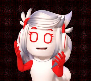 A graphic image of the author depicting and friendly female character with white hair, side-swept bangs, white headphones with red accents, and red glasses, red arms, hands and fingers. The background is black.