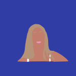 Graphic profile image provided by the student author of a pink-lipped person with long, blonde hair and white spaghetti-strapped top in front of a royal blue background.