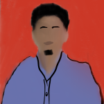 Graphic profile image provided by the student author of a person with very short, black hair with a soul patch below their mouth, a blue-purple button-down shirt, and a red background.