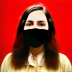 Image of author enhanced through AI depicting a white woman with somewhat Turkish-looking features, wearing a cloth face covering in front of a red background.