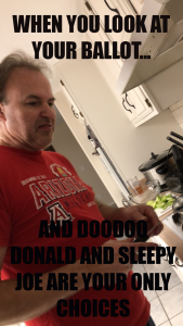 A meme depicting a man in a kitchen and the words &quot;when you look at your ballot... and Donald and Sleepy Joe are your only choices&quot;.