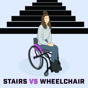 Meme of a woman sitting in a wheelchair with stairs behind her and the words &quot;Stairs vs Wheelchair&quot;.