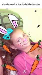 Meme of a song woman reclining and graphics around of bunny ears on her head and carrots and the words "when he says his favorite holiday is Easter".