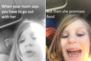 Meme of a split screen image, the left showing a selfie of a young girl in black and white and the words "when your mom says you have to go out with her" and the image on the right of the girl in color, smiling, and the words "but then she promises food".