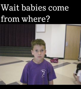 Meme of a boy looking wide-eyed and the words "Wait babies come from where?"