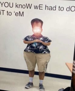 A meme of a distorted, funhouse mirror-type of image of a man, with laser eyes and hands folded across his body with the words "you know we had to do it to 'em".