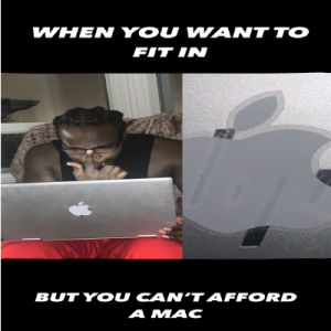 Meme of a man with a grey laptop in his lap on the left side of a split image, and on the right, shows an Apple sticker over an &#039;hp&quot; brand label and the words &quot;when you want to fit in but you can&#039;t afford a Mac&quot;.