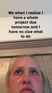 Meme of a young woman with tears rolling dow her cheeks and the words &quot;Me when I realize I have a whole project due tomorrow and I have no clue what to do&quot;.