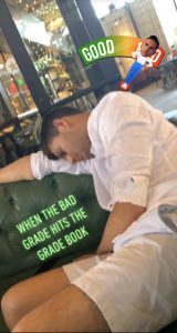 Meme of a young man slouched, resting his head on his arm on a couch and the words &quot;When the bad grade hits the grade book&quot; and a graphic of a Good-Bad Meter pegged to &#039;bad&#039;.