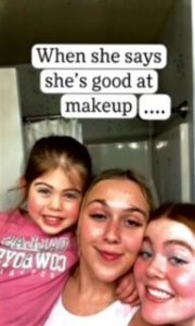 Meme of three smiling girls and the words &quot;When she says she&#039;s good at makeup...&quot;.