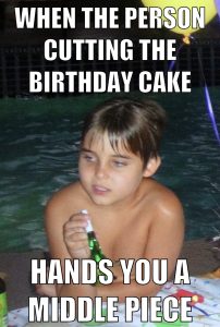 A meme depicting a young boy, half out of the pool, holding a party favor, looking unamused, with the words "when the person cutting the birthday cake hands you a middle piece".