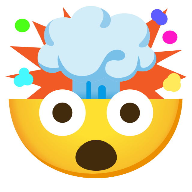 A "mind-blown" emoji made up of a startled smiley face that is having an explosion of ideas in their brain