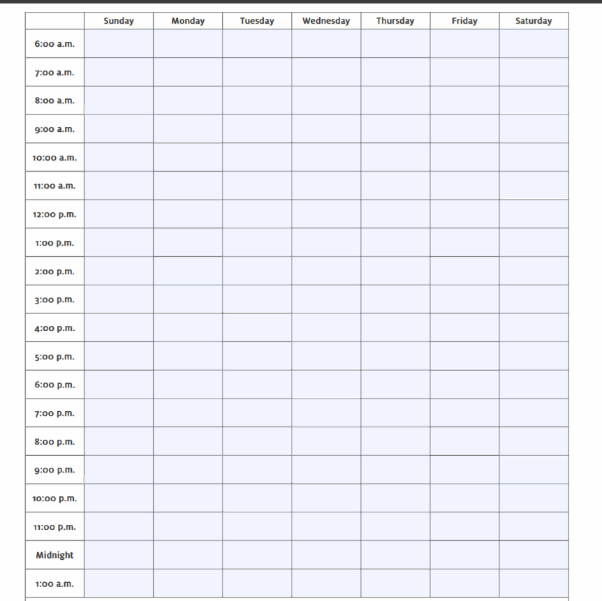 A week in calendar form with each hour listed.