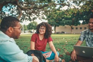 Three people sitting in a grassy area, under a tree, talking.