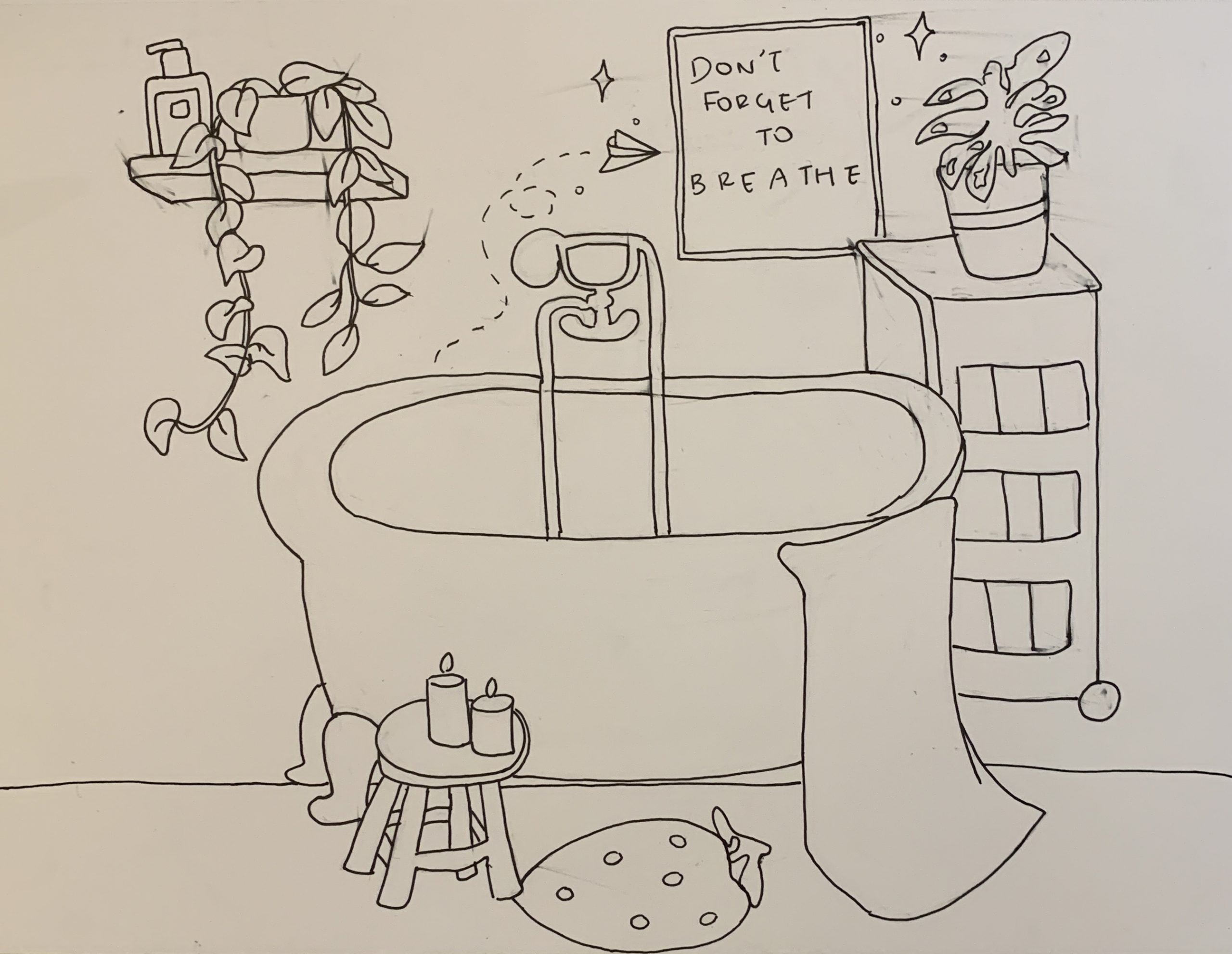 A line drawing of a spa-like bathroom with a sign reading "Don't forget to breathe".