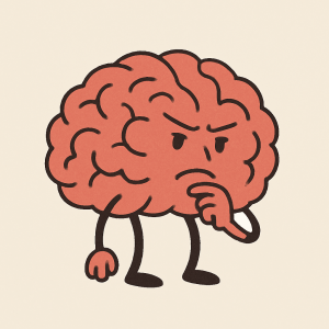 Cartoon image of a brain with a serious look on his face, deep in thought.