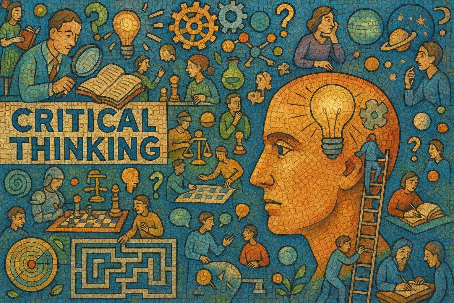 Mosaic style banner with the words Critical Thinking and representative images (like a maze, turning gears, and a head with a light bulb).