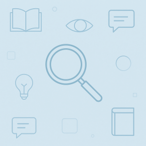 Blue background-image of various icons representing knowledge (like a magnifying glass, light bulb, and book).
