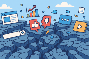 Illustration of a fractured digital landscape, with cracked ground and broken technology symbols (such as like buttons and search bars).