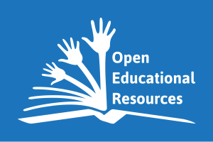 Logo for Open Educational Resources: an open book whose pages are turning into reaching hands.