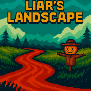 Title-image for the Liar's Landscape game, showing a scarecrow next to a red river running through a field into a forest.