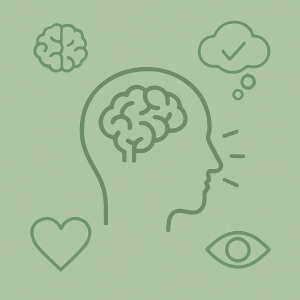 Green background-image of various icons representing cognition (like a brain, a heart, and an eye).