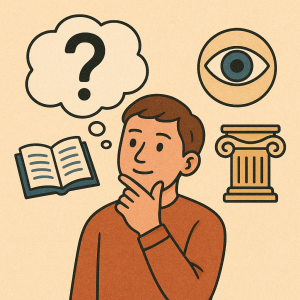 Cartoon of a man thinking, surrounded by images representing knowledge (like a book and an eye).