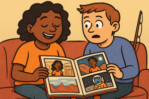 A cartoon of two friends on a couch looking at the first friend's photo album that contains photos of her at the mall, at the grand canyon, and in space. The second friend looks astonished.