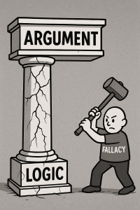 Cartoon of an angry looking man with fallacy written on his shirt. He is about to hit a very weakened pillar that says logic and is supporting a block that says argument.