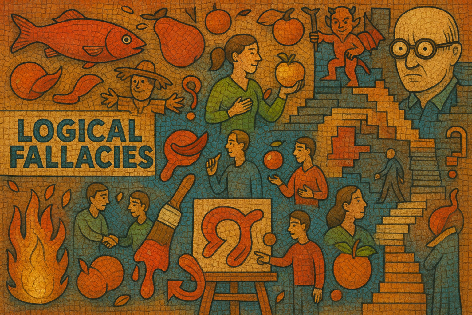 Mosaic style banner with the words Logical Fallacies and representative images (like a red herring, a scarecrow, and apples and oranges).