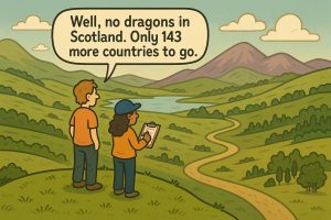 A cartoon of two people looking out over an empty Scottish landscape. One is writing something on a clipboard, while the other is saying "Well, no dragons in Scotland. Only 143 more countries to go."