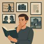 Illustration of a man in thought, reading a book. Behind him are various photos representing testimony (like a refugee next to barbed wire).