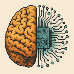 Illustration of half of a brain linked with half of a microchip.
