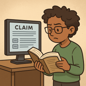 Cartoon of a student looking in a book, next to a computer monitor showing a claim.