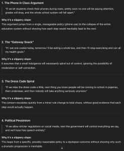 Screenshot of a portion of the author's ChatGPT transcript regarding fallacy examples.