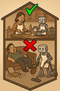 Illustration in two halves. The top half has a green check mark and shows a happy woman actively helping in baking with a happy looking robot. The bottom half has a red x and shows a lazy man asleep on a couch while a sad looking robot cleans up around him.
