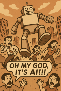 Cartoon of people running away from a giant, killer robot. One person is yelling "Oh my god, it's AI!"