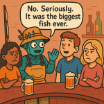 Cartoon of a robot in fishing gear talking to a few people at a bar, saying "No. Seriously. It was the biggest fish ever." Most of the people are skeptical, but one man is enraptured.