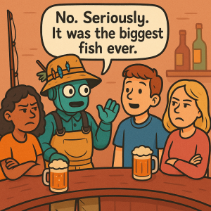 Cartoon of a robot in fishing gear talking to a few people at a bar, saying "No. Seriously. It was the biggest fish ever." Most of the people are skeptical, but one man is enraptured.
