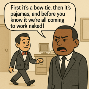Cartoon of a man in a suit and bow-tie walking into an office, while a man in a suit and long tie angrily says "First it's a bow-tie, then it's pajamas, and before you know it we're all coming to work naked!"