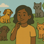 A cartoon of a woman surrounded by a happy dog, a grumpy dog, a happy cat, and a grumpy cat.