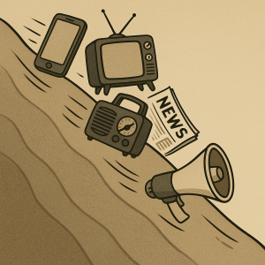 Cartoon of various communication devices (like a cell phone, a radio, and a television) sliding down a hill.