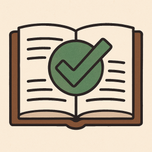 Illustration of an open book with a green check mark.