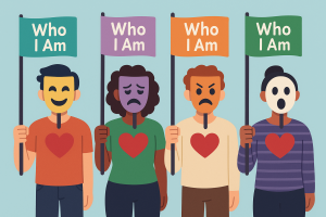 Illustration of some people wearing masks representing different emotions (like anger and happiness) and holding flags that say "Who I am."
